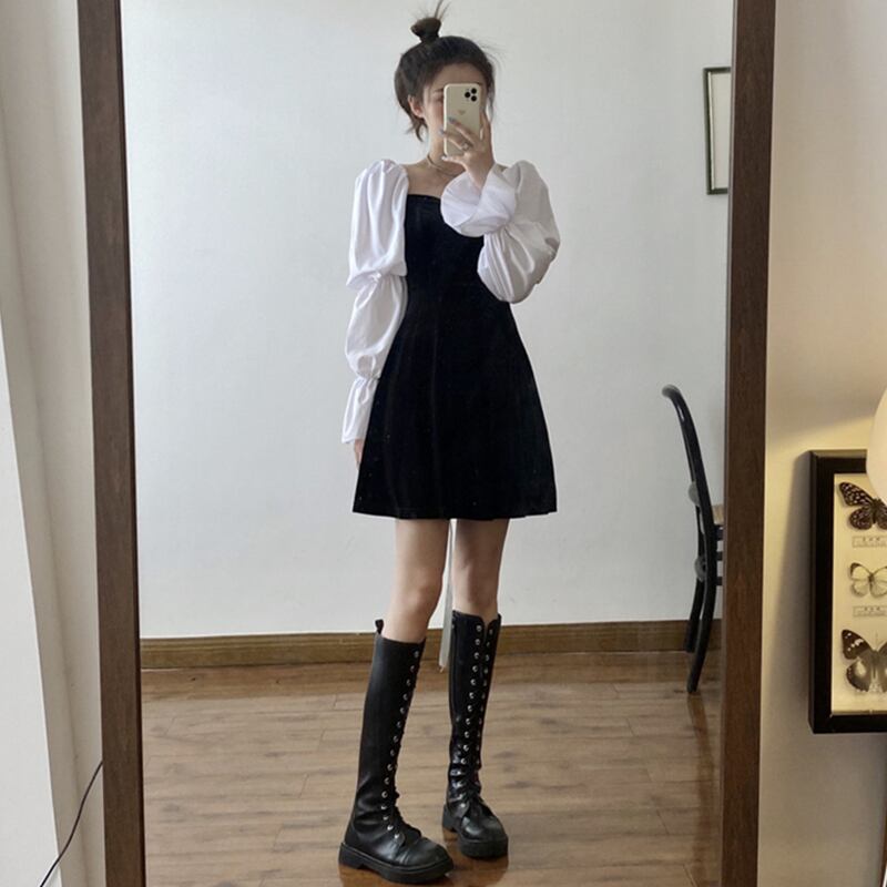 スタンダードカラースリーブドレス スプリングウェストスカート レトロ 春物 スクウェア 萌量不足4962342