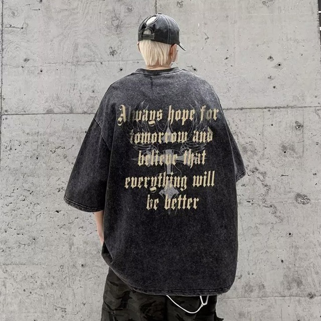ゴスロリ通販 With U 半袖Tシャツ ロゴプリント ウォッシュド ユーズド オーバーサイズ ストリート系 原宿ファッション 病み可愛い 地雷系 量産型 インディーズファッション Y2K