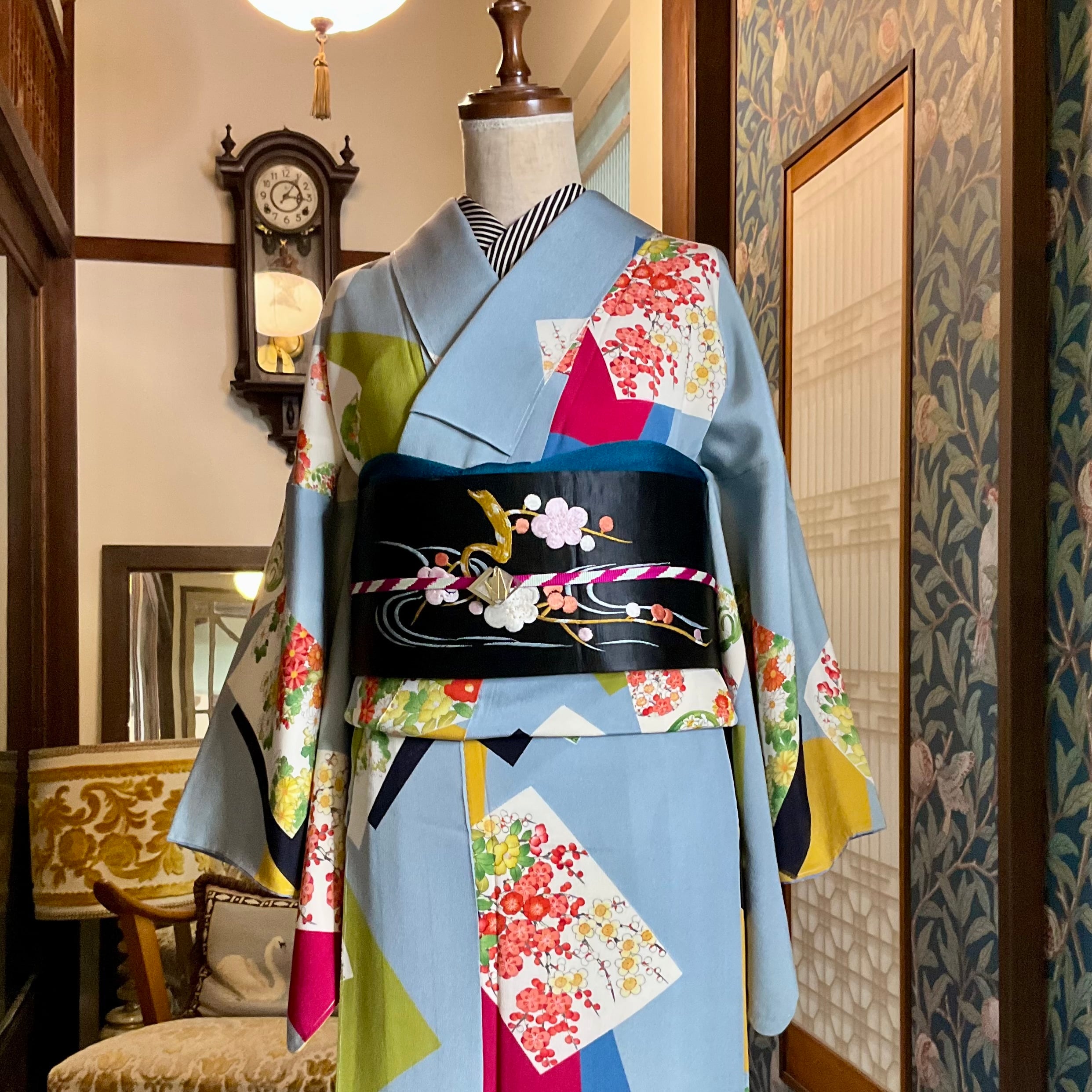 アンティーク ヴィンテージ コレクション 女性 肖像画 着物 着物 洗える 単衣 ニコアンティーク 着物＋帯 2点セット 三毛猫+浮世絵