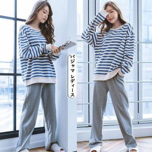 部屋着 秋冬 パジャマ 上下セット 春 パジャマ キュート ボーダー柄 スウェット ルームパンツ ルームウェア 綿100％ 長袖 部屋着 レディース