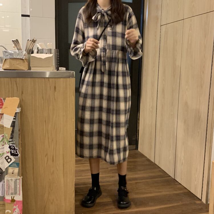着るだけでシーズンムードが上がる ゆったりする 気質 チェック柄 蝶結び ワンピース 原宿BF風 レトロ