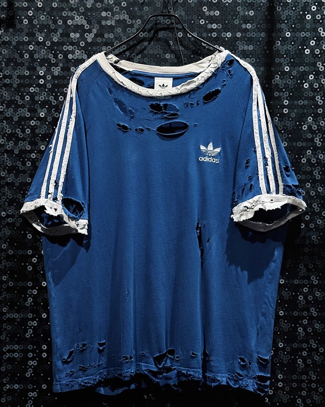 【ÆIEM】original “boro” remake adidas originals three stripes damage TEE - Navy × Vintage White