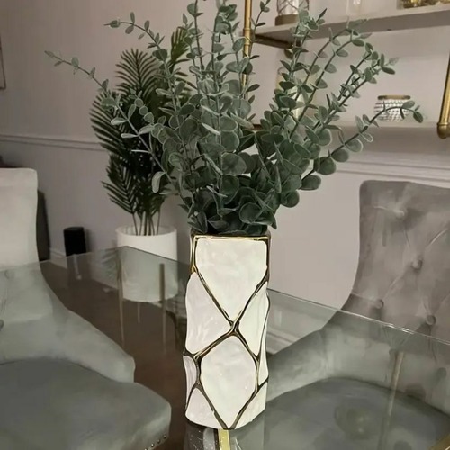 セラミック 花瓶 白 緑 1個 幾何学模様 エリアラグ 水耕栽培 ドライフラワー