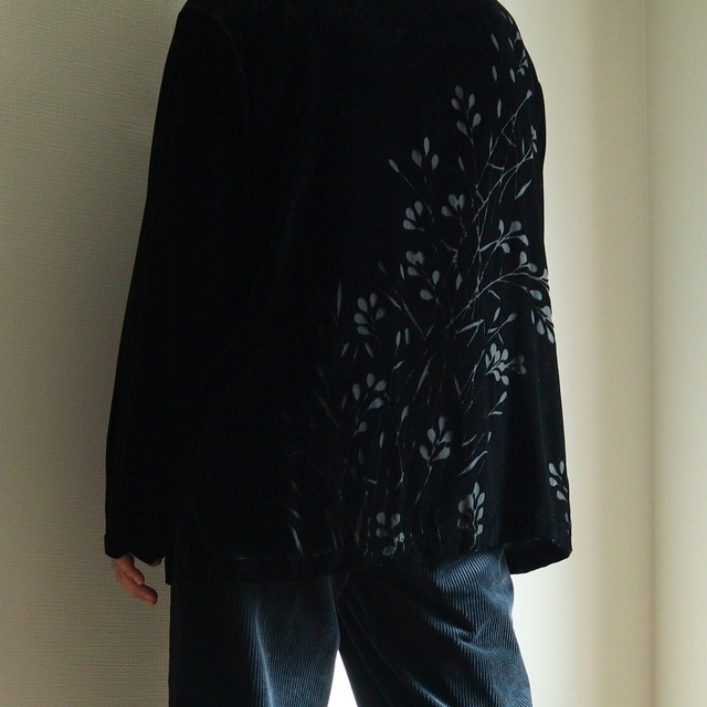 back flower puttern & design button "velours" see-through design shirt shirt