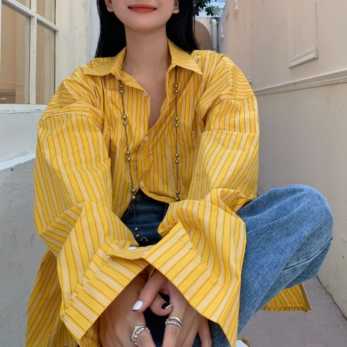 yellow striped oversized shirt　10960