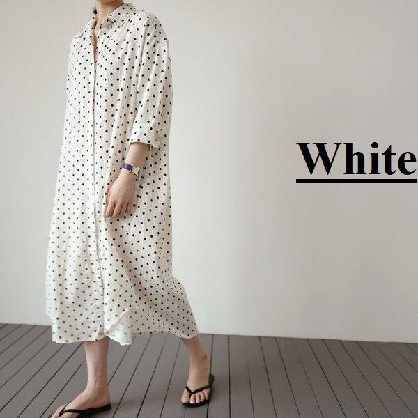 夏新作 ワンピース 2色 ドット柄ワンピース ドット ワンピース 水玉 シャツワンピース ロング丈 シャツワンピース 七分袖 Iラインワンピース ロングワンピース マキシワンピース 夏 体型カバー ワンピース ゆったりワンピース ホワイト ブラック 薄手 大人カジュアル
