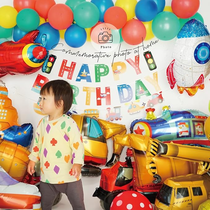7.ファーストバースデー男の子 deerzon 1歳 誕生日 飾り付け 乗り物 働く車 バルーン 風船 セット 2歳