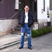 LEH（レー） Bonber Jacket、KUON(クオン）Sashiko Mended Denim Trousersコーディネート