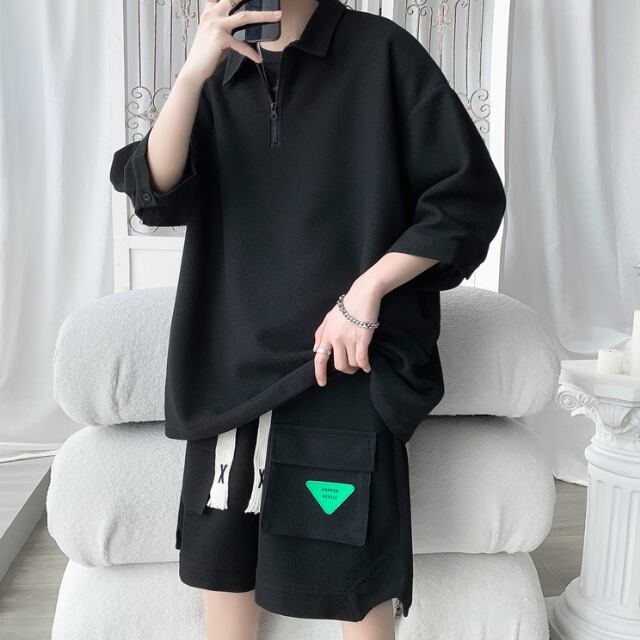 予約販売】メンズ セットアップ スエット ポロシャツ 無地 上下 七分袖