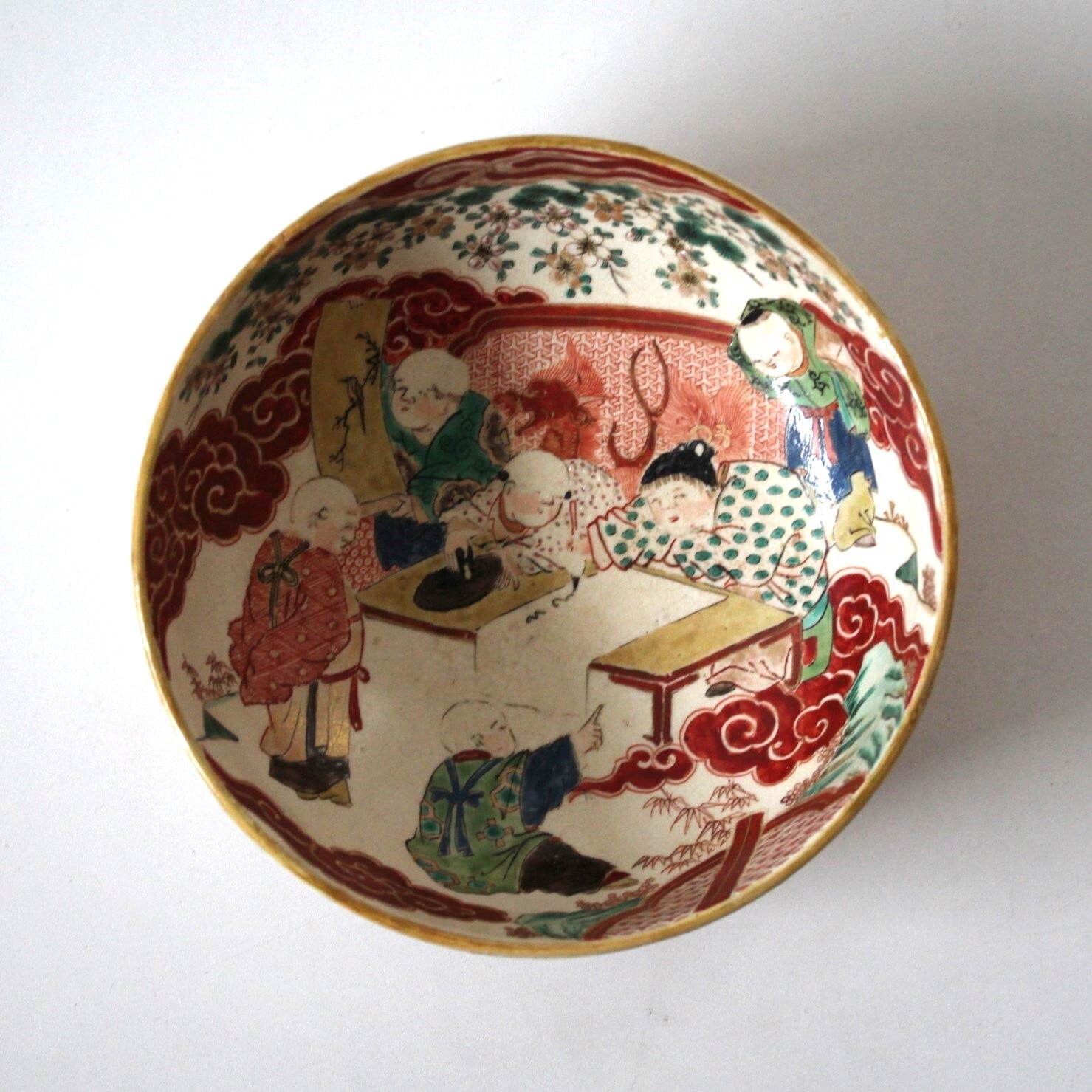 九谷庄三唐子書初図鉢 d18.9cm Kutani Enameled Bowl, Design of