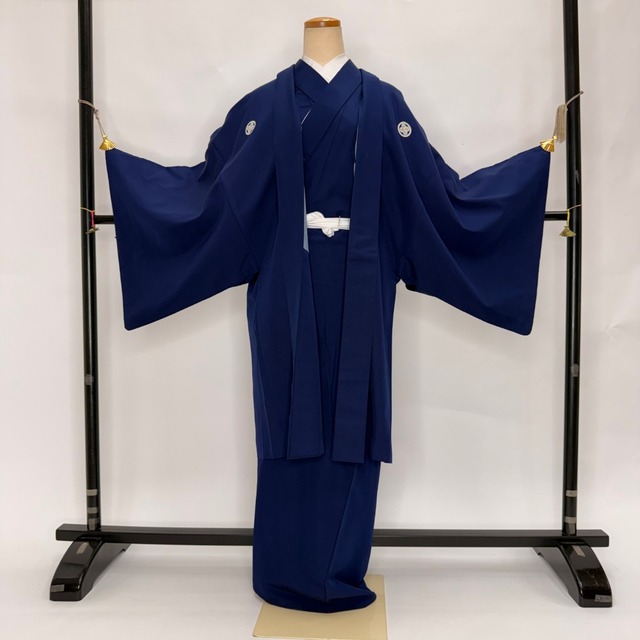 男紋付 男着物 紋付 ポリエステル 羽織 長着 裄73.5cm 2L size 青 五つ紋 中古 成人式 舞台衣装  6367