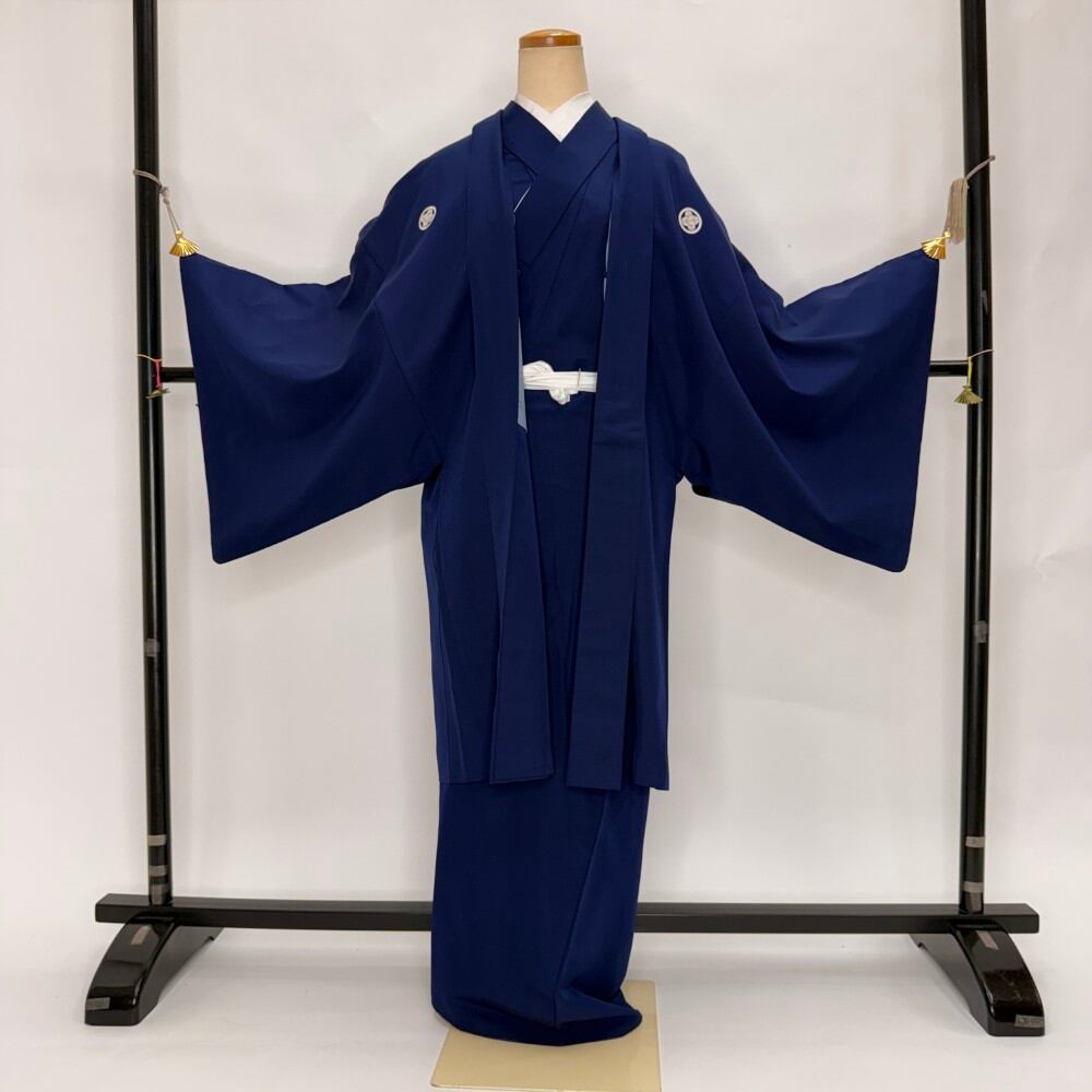 男紋付 男着物 紋付 ポリエステル 羽織 長着 裄73.5cm 2L size 青 五つ紋 中古 成人式 舞台衣装 6367