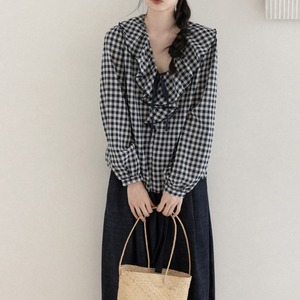 gingham check frill blouse　J00515