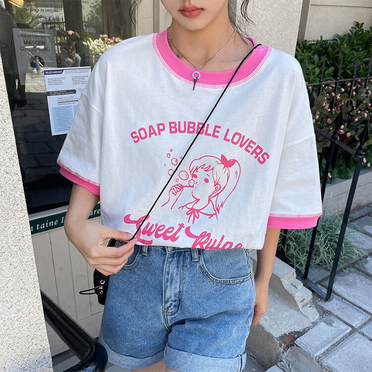 XL〜4XL】ガーリー 可愛い ピンク 白 柄 姫 Tシャツ ラインストーン