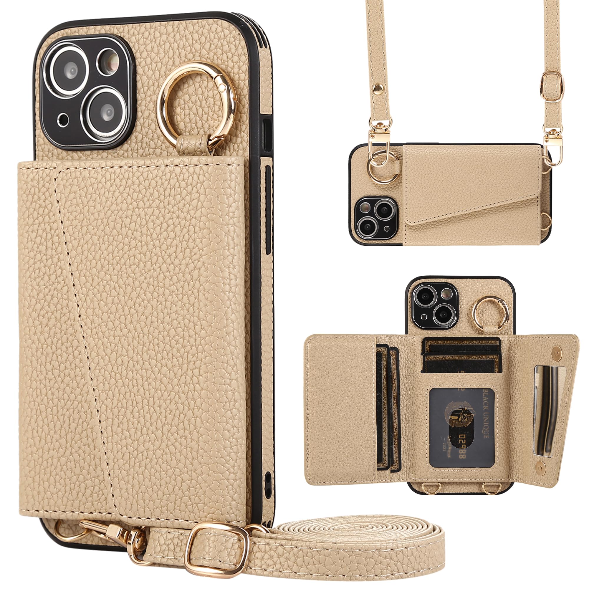 TENSIK iPhone 15 用 ケース 手帳型 ショルダー PUレザー 鏡付き グレー