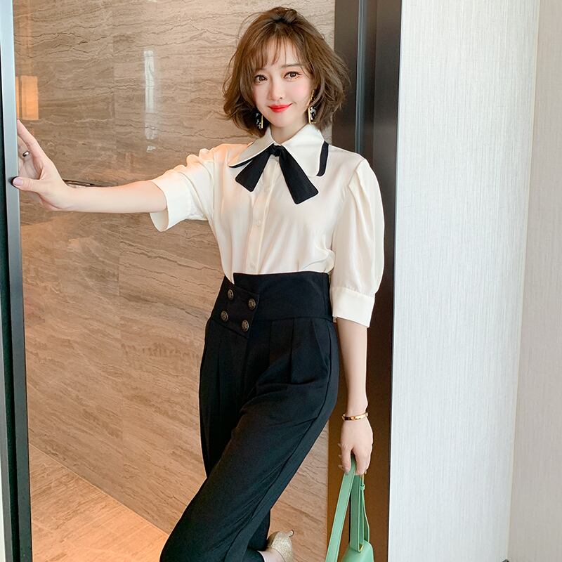 ソリッド カラースリーブシャツ レディースオータム リボン 大人ガーリー スウィート キュート カジュアル 秋物 ソリッドカラー MIUCO86089168246