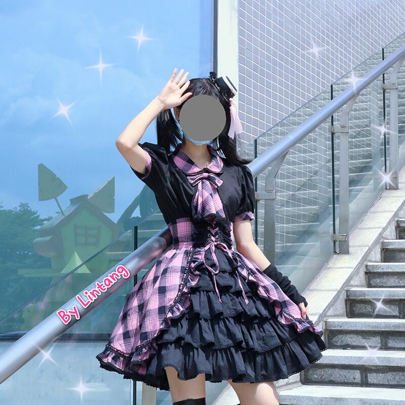 With U 病み可愛い ゴスロリ ワンピ ピンク チェック柄 編上げ リボン アイドル衣装 コスチューム ストリート系 原宿系 地雷系 10代 代 ゴスロリ服 病み服 ゴスロリファッション With U