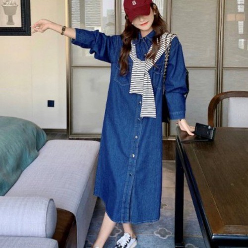 デニムシャツワンピース レディース デニムシャツワンピ デニムワンピ ミディアム丈 ショールデザイン おしゃれ ミモレ丈 長袖 ボタン付き デニムシャツワンピース レディース デニムシャツワンピ