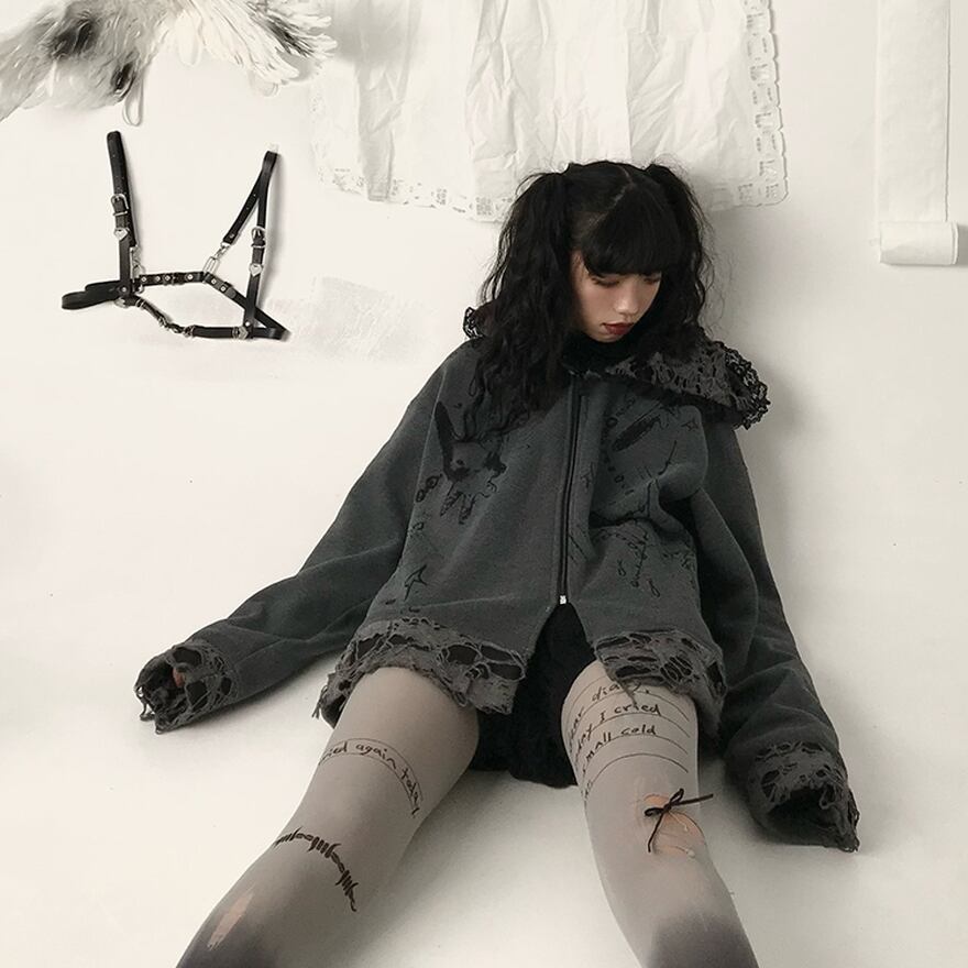 パーカー 猫耳 クラッシュ ダメージ ZIPアップ ヴィンテージ風 ユニ