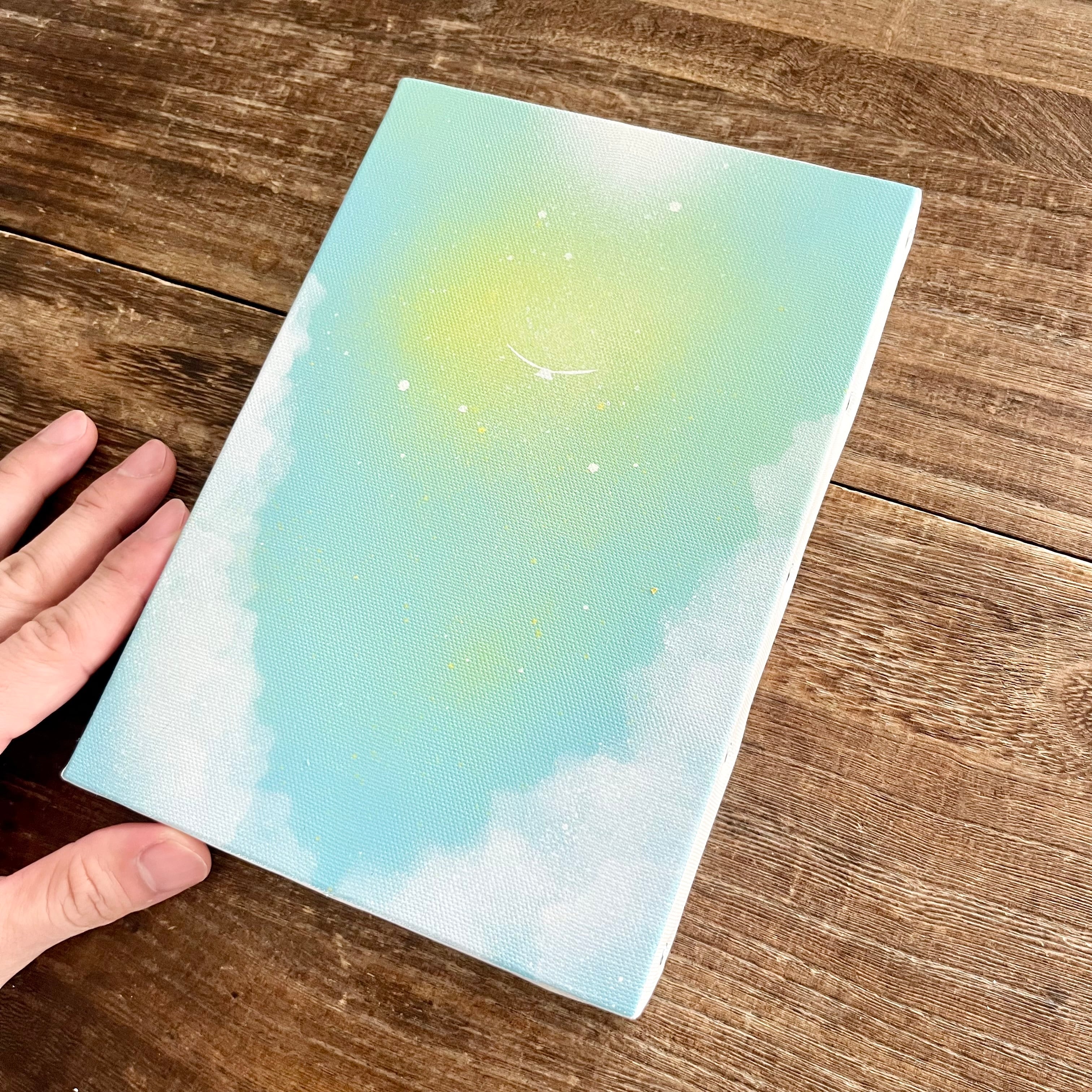 空の彼方」 原画 輝く光×飛んでいく鳥 水色 黄 白 絵画 キャンバス