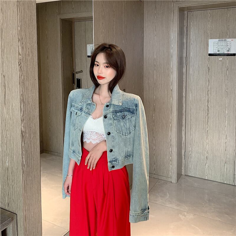 ジャケット ショートルーズスタイルスタンダードカジュアルスプリング レトロ 春物 ブラックストロベリース25601533357