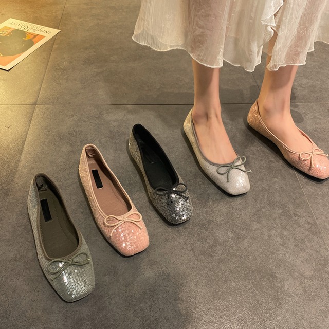 ネットレッドフラットシングルシューズ妖精風靴2020春の新しいバージョンの弓弓スパンコールエンドウ靴浅い口スクープシューズ 部族の婦人靴8116053