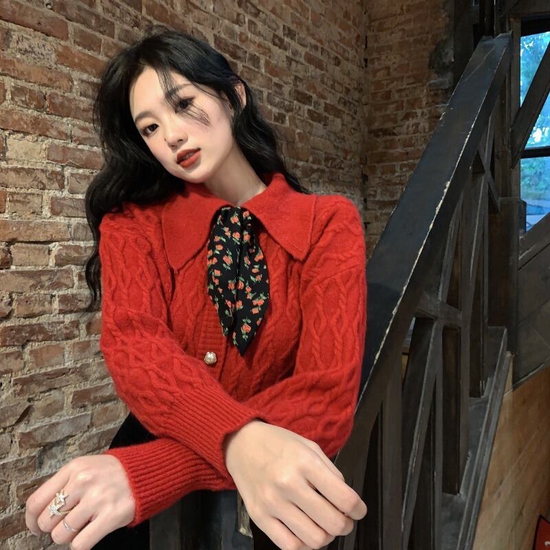 セーター カラールーズレッドニットコート カーディガン ウィンター 冬物 ブラックストロベリース3246698195