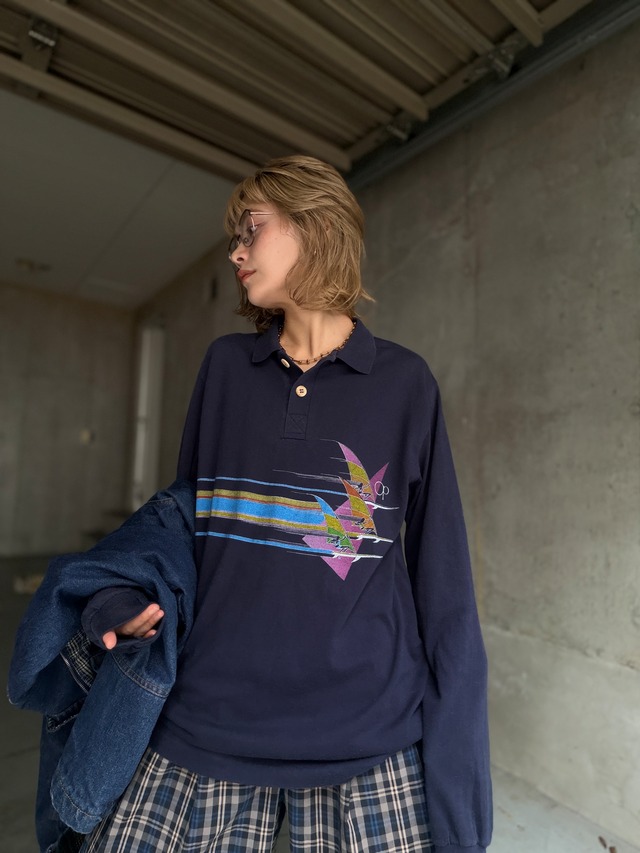 （SH1110）80'socean pacific printed polo shirt made in USA