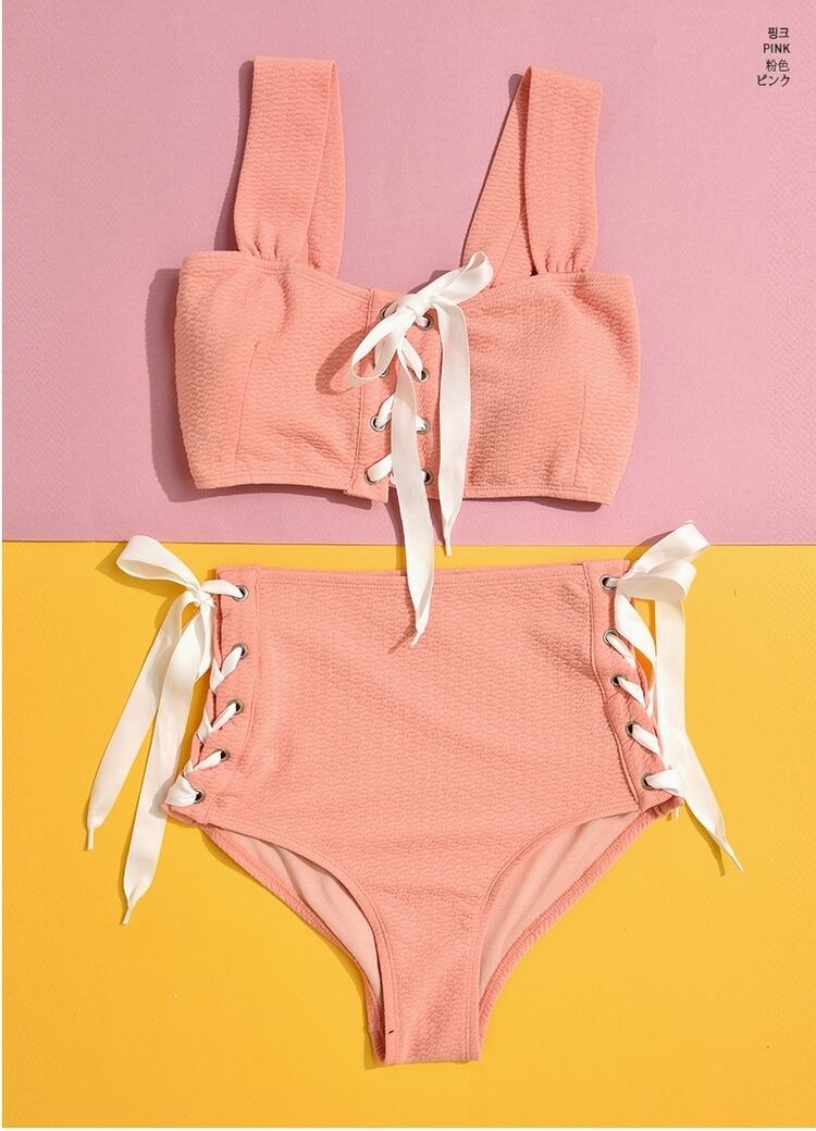 編み上げビキニ ハイウエスト水着 パステルカラー 夏 海 リゾート 旅行