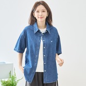 TRUBE ワンポイント刺繍ドロップショルダー半袖デニムシャツ【M~L】デニムブルー