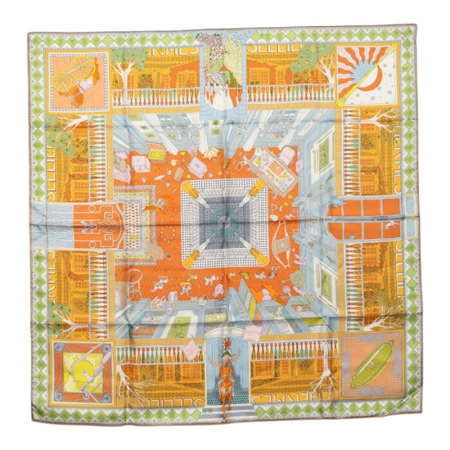 エルメス カレ90 Objets de Curiosite オブジェ ドゥ キュリオジテ スカーフ オレンジ マルチカラー シルク レディース HERMES 【中古】