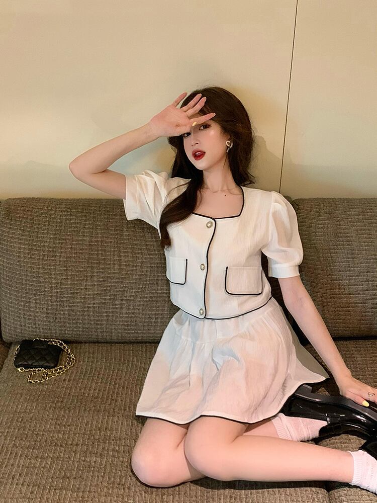 スカート ハイウェスト薄手Aラインショートサマースタイルホワイト 大人ガーリー スウィート キュート カジュアル 夏物 ブラックストロベリース3883769259