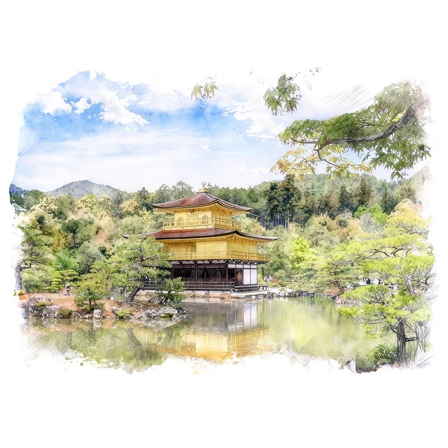 絵画 風景画(街並み) 日本 京都府 金閣寺 インテリアアート額付き 水彩画・油絵風 WAT1529