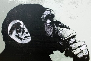 バンクシー「思想家の猿/The Thinker Monkey」展示用フック付きキャンバスジークレ