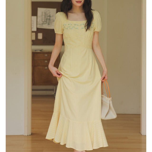 パフスリーブスクエアネックAラインミモレ丈ワンピース 00007