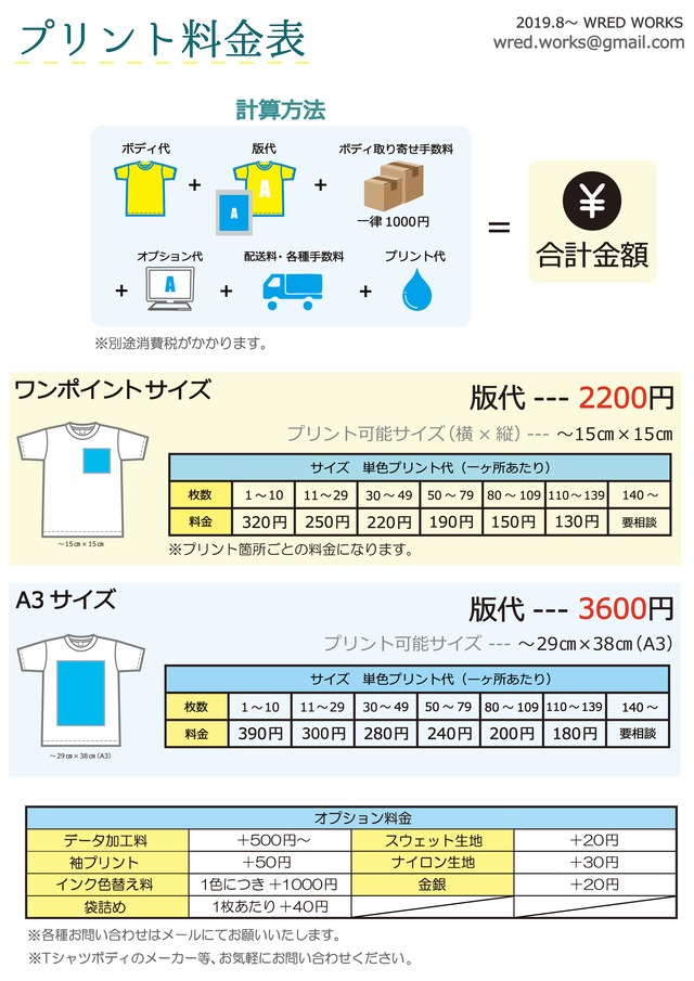 オリジナルプリント料金表 通常プラン と配送 お支払い 注意事項について Wredworks