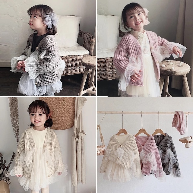 70〜120cm 予約 オーガンジー ラッフル ニット カーディガン セーター オーバーサイズ 子供服 アウター トップス