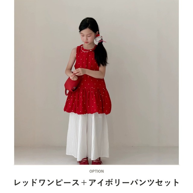 【セット】チェリードットノースリーブワンピースワイドパンツセットアップ - 2