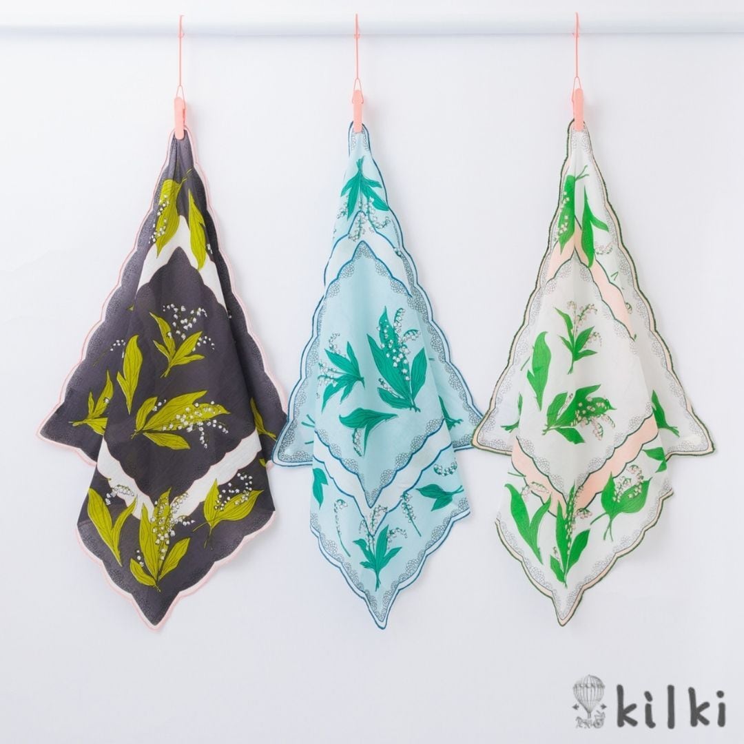 KILKI キルキー コットン ハンカチ ミュゲ ギフト レディース 大判 大きめ ブランド 綿100 コットン 100% お弁当包み 柄 薄手 プレゼント 黒 白 ブラック ホワイト ブルー 5S-H10 Kl028