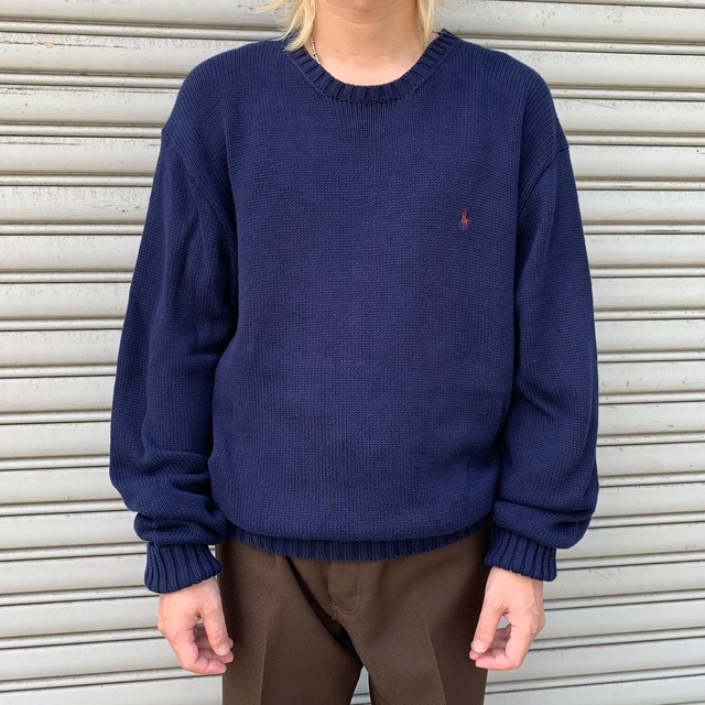 90s ラルフローレン コットンニット セーター 香港製 ネイビー L