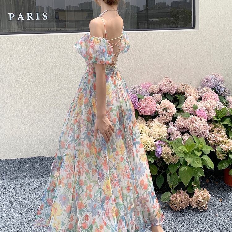 ワンピース レディース ロングワンピース ロング ロング丈 ボリューム袖 パフスリーブ オフショルダー オフショル バックシャン バックコンシャス バッグレースアップ Aライン かわいい 大人可愛い きれいめ エレガント 清楚 フェミニン おしゃれ 綺麗 お嬢様 こなれ感 ラフ ラブリー キュート ガーリー ロマンチック 抜け感 華やか 花柄 フラワー 学生 デート お出かけ 女子会 休日 リゾート 旅行 散歩 街歩き S M L 春 夏 10代 20代 30代 韓国 韓国系 着回し 普段使い 送料無料