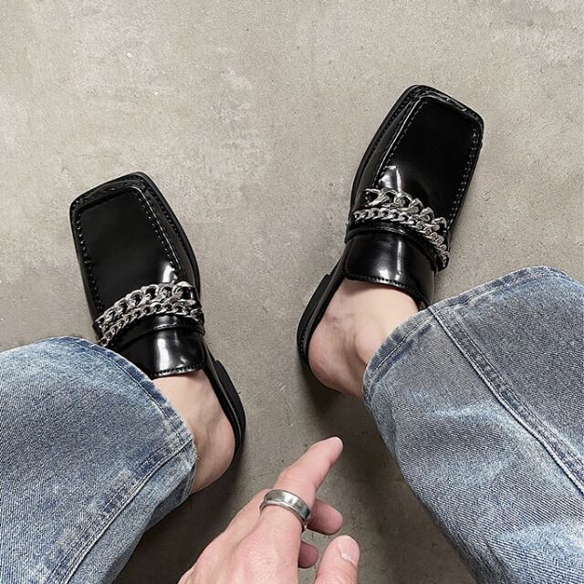 【予約販売】サンダル メンズ フラット ローファー シルバーチェーン バブーシュ スリッポン 靴 ブラック お洒落 こなれ感 韓国ファッション 24cm/24.5cm/25cm/25.5cm/26cm/26.5cm/27cm