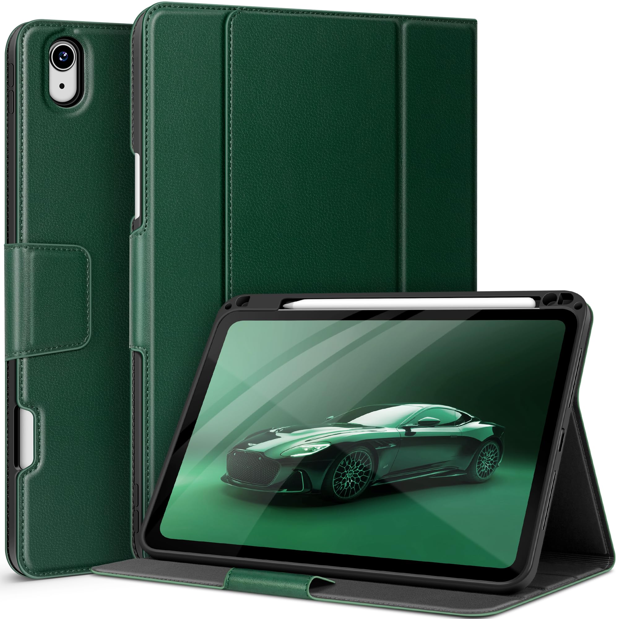 auaua iPad Air 11インチ ケース M4/M3/M2 (2026/2025/2024), iPad Air 第5/4世代 10.9インチ 2022/2020 専用 ペン収納 Pencil Pro/USB-C完全対応 ポケット付き 多角度スタンド マグネット開閉 オートスリープ対応 (グリーン)