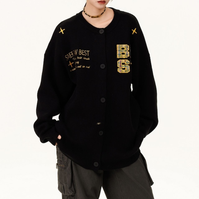 バックロゴレタードロップショルダーカーディガン 2col R01339