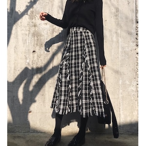 Fringe Check Midi Skirt KRE1942