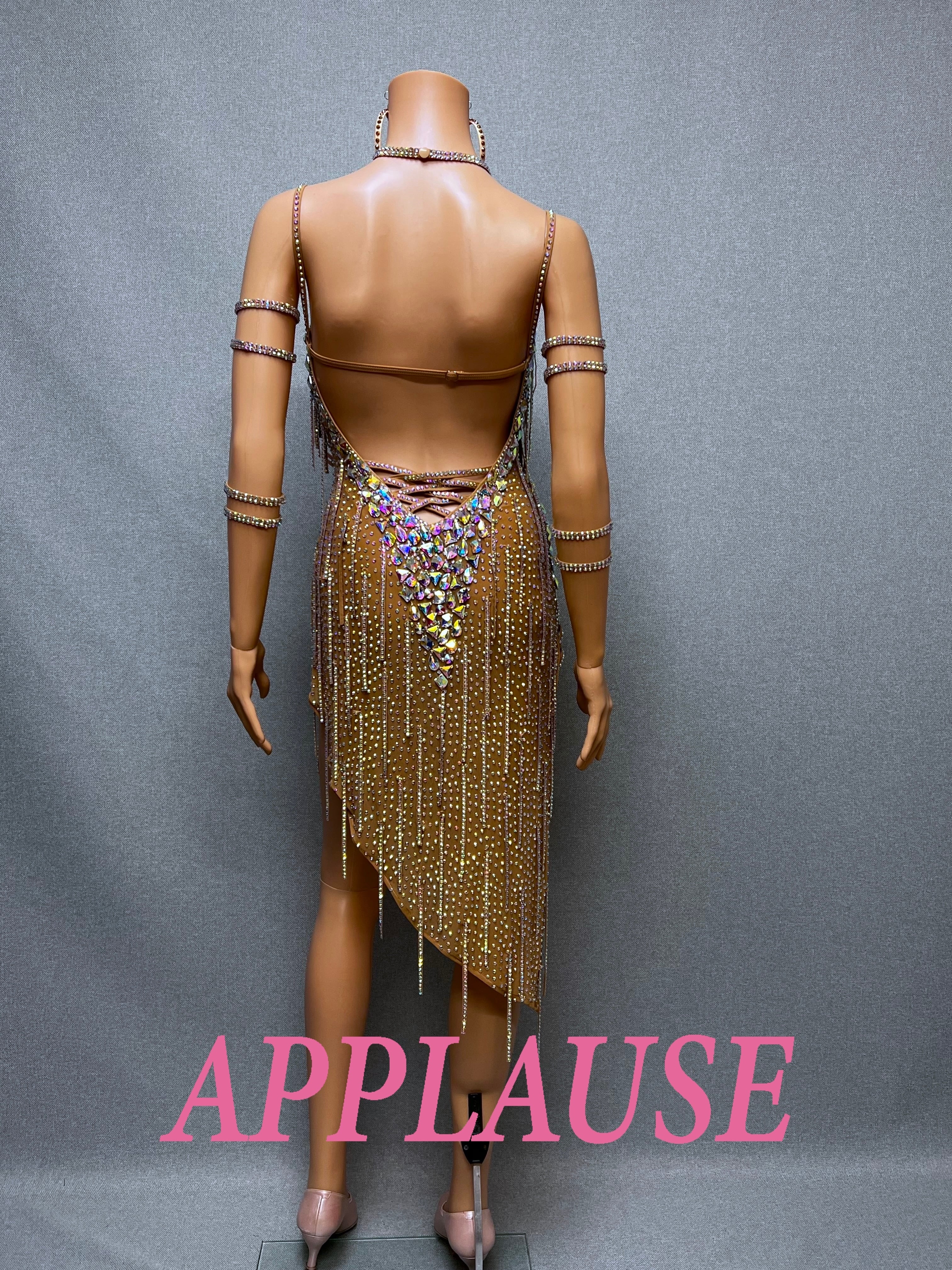 【新着】社交ダンスドレス　ラテンドレス　LA-25-4　 ダークベージュ　M　デモ・競技用ドレス　発表会衣装　パーティドレス　ワンピース　舞台衣装