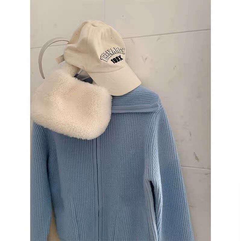 受注】Light blue high neck zip up knit top （水色ハイネックジップ