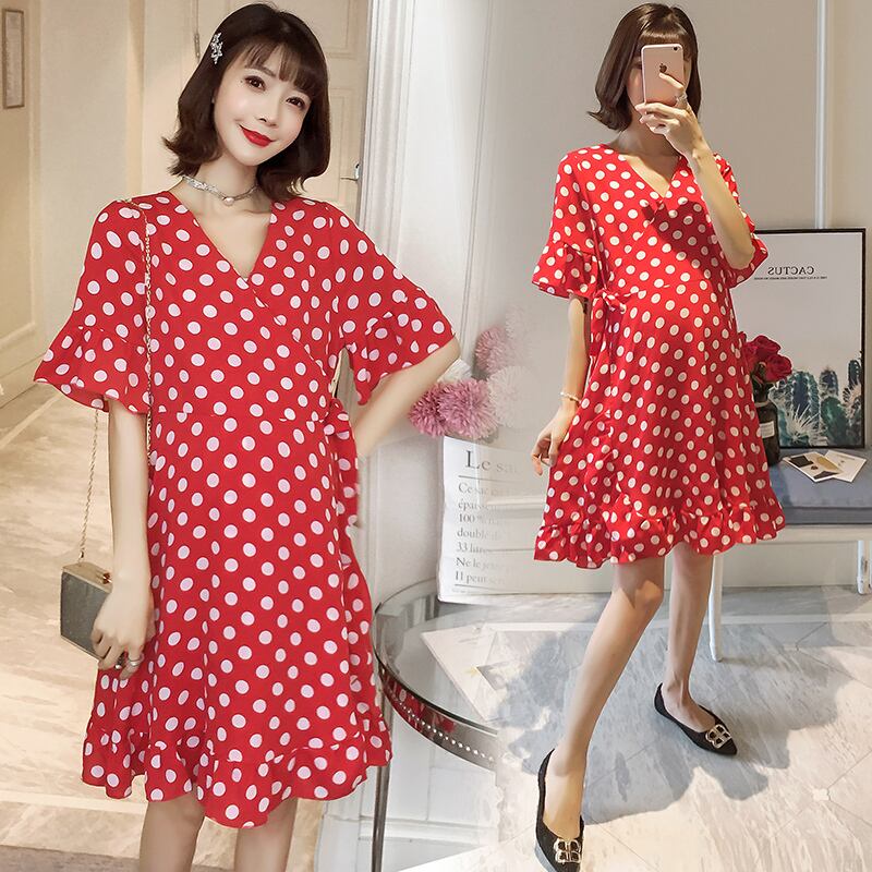 【新作】【送料無料】 妊婦夏服半袖マタニティシフォン授乳ドレスクロスVネックポルカドット母乳育児ドレス ショート ハーフスリーブ サマー 夏物 AL expec39677100995