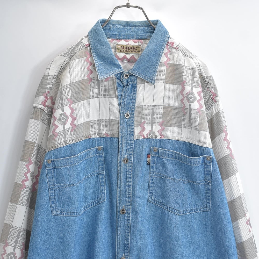 90s MADOC Collection マドックコレクション デニム 切替 長袖 シャツ メタルボタン ネイティブ柄 幾何学模様 オーバーサイズ ブルー USED ヴィンテージ ビンテージ 古着 メンズ XXL相当
