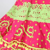 【美品 フラメンコ衣装】ピンク ファルダ スカート ボランテ ドット 水玉 緑 花柄 レース ポンポン 黄色 紫 賑やか 豪華
